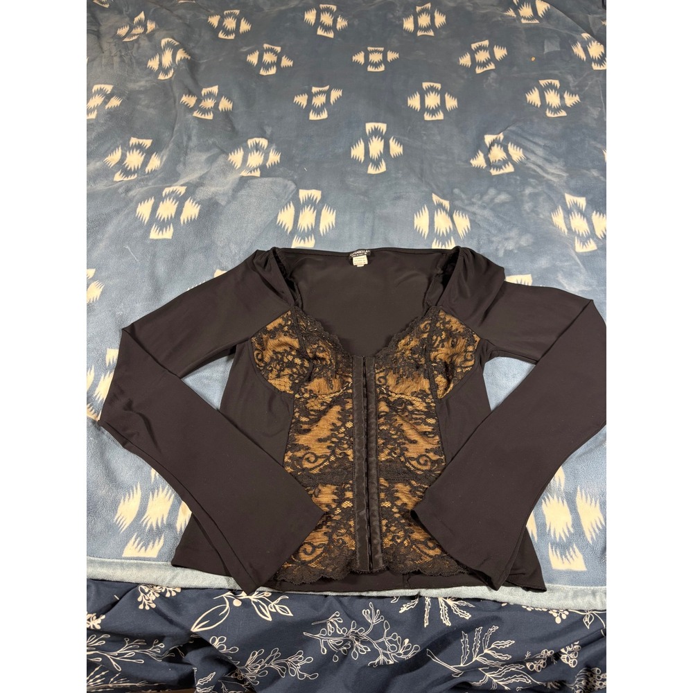 Cosabella Black Tan Floral Lace Hook & Eye Long Sleeve Corset Top Large Italy